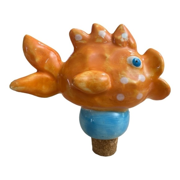 Ceramic Artist Clay Bottle Stopper Beachy Goldfish Whimsical Blue Eyed Polka
Dot - Picture 5 of 11